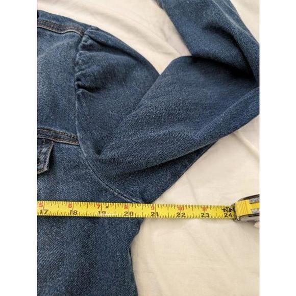 ALL WORTHY Denim Jean Jacket Button-up Puffed Raw hem Sz L - Picture 5 of 7